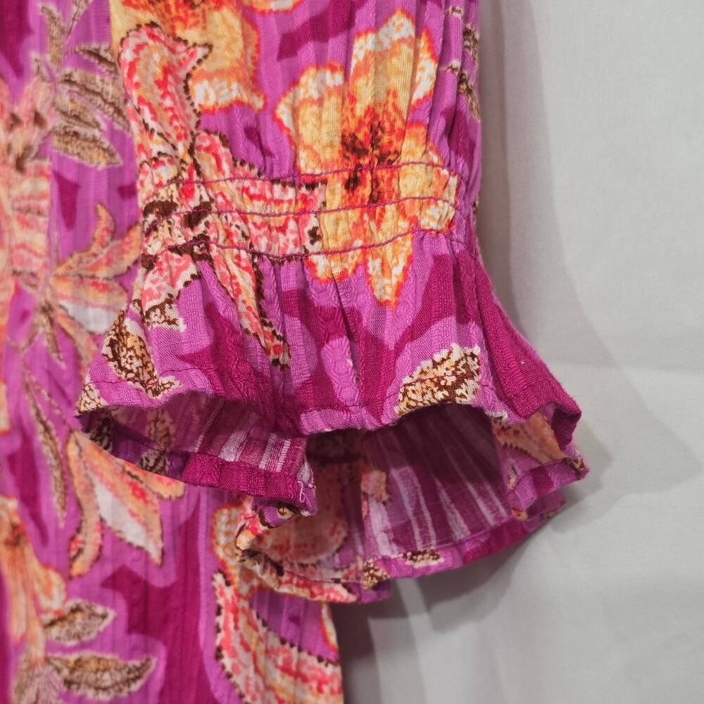 LOFT Womens L Pink Orange Floral Button Front 100% Cotton Ruffle Sleeve Blouse - Picture 6 of 8